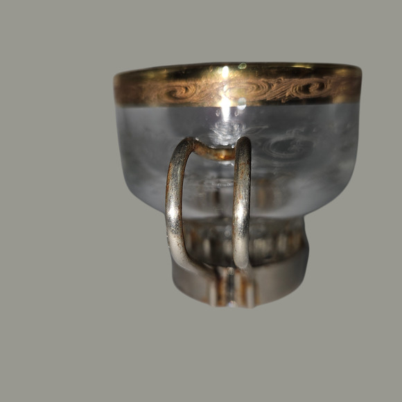 Vintage Etched Glass Cups w/ Metal Holders & Gold Rim Scroll Design Set of 5 - Picture 6 of 7